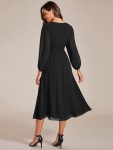 Chiffon V-Neck Long Sleeves Elastic Band Midi Wedding Guest Dress – Black