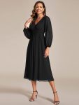 Chiffon V-Neck Long Sleeves Elastic Band Midi Wedding Guest Dress – Black