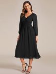 Chiffon V-Neck Long Sleeves Elastic Band Midi Wedding Guest Dress – Black