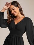 Chiffon V-Neck Long Sleeves Elastic Band Midi Wedding Guest Dress – Black