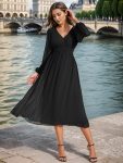 Chiffon V-Neck Long Sleeves Elastic Band Midi Wedding Guest Dress – Black