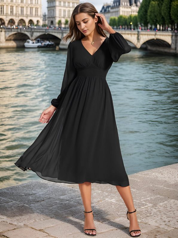 Chiffon V-Neck Long Sleeves Elastic Band Midi Wedding Guest Dress - Black