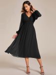 Chiffon V-Neck Long Sleeves Elastic Band Midi Wedding Guest Dress – Black