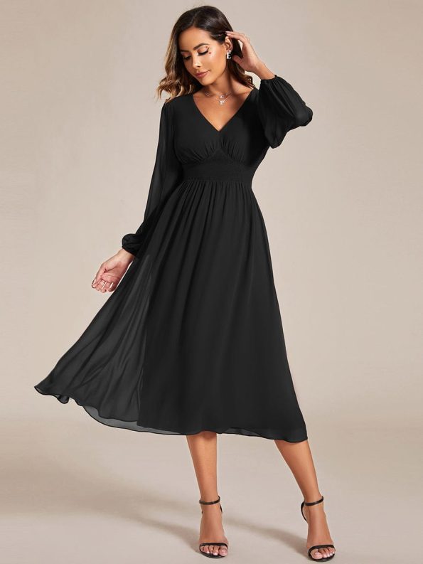 Chiffon V-Neck Long Sleeves Elastic Band Midi Wedding Guest Dress - Black