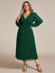 Chiffon V-Neck Long Sleeves Elastic Band Midi Wedding Guest Dress – Dark Green