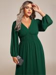 Chiffon V-Neck Long Sleeves Elastic Band Midi Wedding Guest Dress – Dark Green