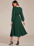 Chiffon V-Neck Long Sleeves Elastic Band Midi Wedding Guest Dress – Dark Green