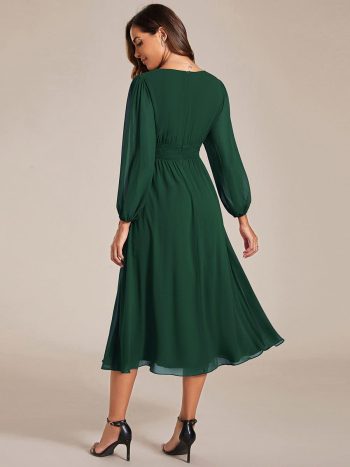 Chiffon V-Neck Long Sleeves Elastic Band Midi Wedding Guest Dress - Dark Green