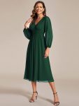 Chiffon V-Neck Long Sleeves Elastic Band Midi Wedding Guest Dress – Dark Green