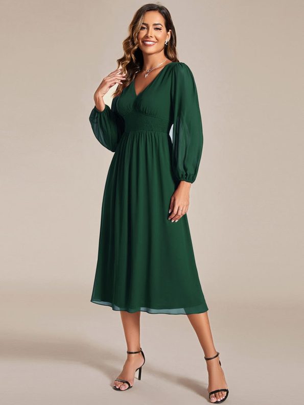 Chiffon V-Neck Long Sleeves Elastic Band Midi Wedding Guest Dress - Dark Green