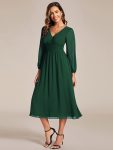 Chiffon V-Neck Long Sleeves Elastic Band Midi Wedding Guest Dress – Dark Green