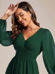 Chiffon V-Neck Long Sleeves Elastic Band Midi Wedding Guest Dress – Dark Green