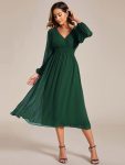 Chiffon V-Neck Long Sleeves Elastic Band Midi Wedding Guest Dress – Dark Green