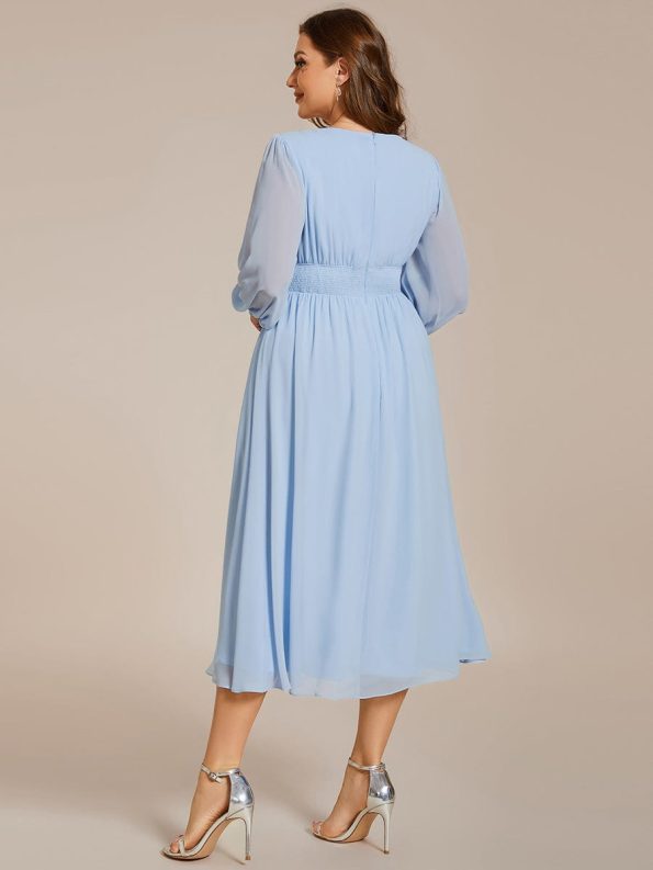 Chiffon V-Neck Long Sleeves Elastic Band Midi Wedding Guest Dress - Ice Blue