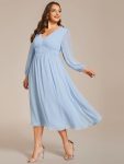 Chiffon V-Neck Long Sleeves Elastic Band Midi Wedding Guest Dress – Ice Blue