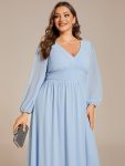 Chiffon V-Neck Long Sleeves Elastic Band Midi Wedding Guest Dress – Ice Blue