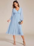 Chiffon V-Neck Long Sleeves Elastic Band Midi Wedding Guest Dress – Ice Blue