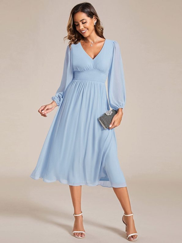 Chiffon V-Neck Long Sleeves Elastic Band Midi Wedding Guest Dress - Ice Blue