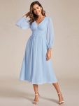 Chiffon V-Neck Long Sleeves Elastic Band Midi Wedding Guest Dress – Ice Blue