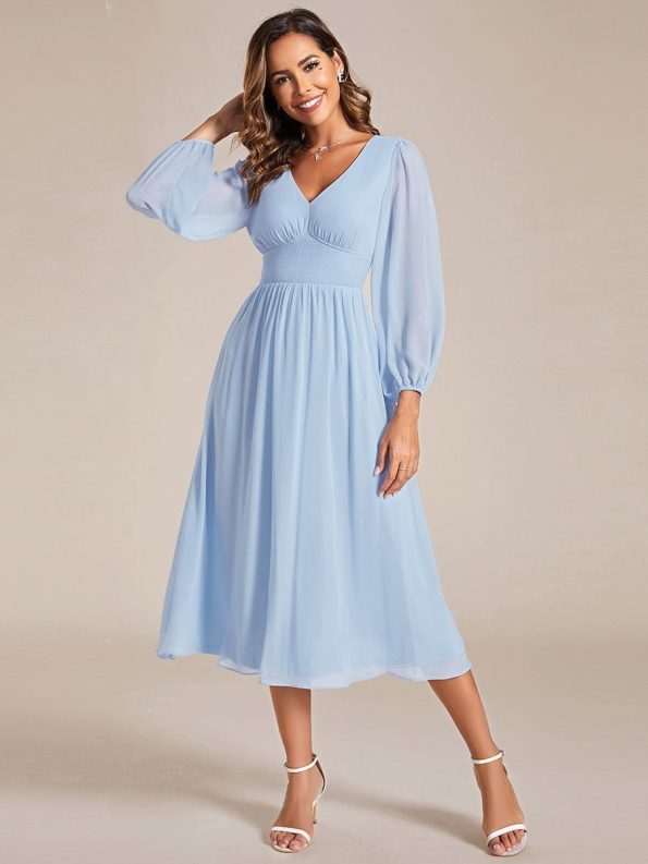 Chiffon V-Neck Long Sleeves Elastic Band Midi Wedding Guest Dress - Ice Blue