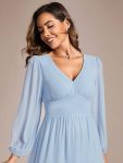 Chiffon V-Neck Long Sleeves Elastic Band Midi Wedding Guest Dress – Ice Blue