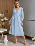 Chiffon V-Neck Long Sleeves Elastic Band Midi Wedding Guest Dress – Ice Blue