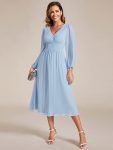 Chiffon V-Neck Long Sleeves Elastic Band Midi Wedding Guest Dress – Ice Blue