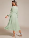 Chiffon V-Neck Long Sleeves Elastic Band Midi Wedding Guest Dress – Mint Green