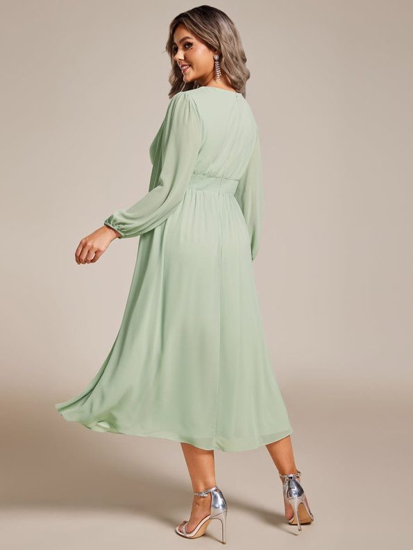 Chiffon V-Neck Long Sleeves Elastic Band Midi Wedding Guest Dress - Mint Green