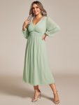 Chiffon V-Neck Long Sleeves Elastic Band Midi Wedding Guest Dress – Mint Green