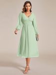 Chiffon V-Neck Long Sleeves Elastic Band Midi Wedding Guest Dress – Mint Green