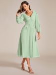 Chiffon V-Neck Long Sleeves Elastic Band Midi Wedding Guest Dress – Mint Green