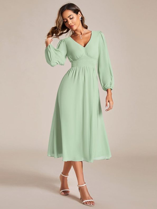 Chiffon V-Neck Long Sleeves Elastic Band Midi Wedding Guest Dress - Mint Green