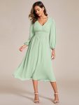 Chiffon V-Neck Long Sleeves Elastic Band Midi Wedding Guest Dress – Mint Green