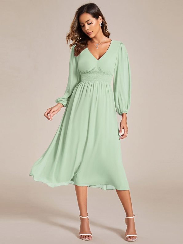 Chiffon V-Neck Long Sleeves Elastic Band Midi Wedding Guest Dress - Mint Green