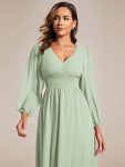 Chiffon V-Neck Long Sleeves Elastic Band Midi Wedding Guest Dress – Mint Green