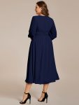 Chiffon V-Neck Long Sleeves Elastic Band Midi Wedding Guest Dress – Navy Blue