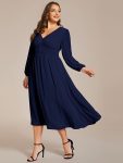 Chiffon V-Neck Long Sleeves Elastic Band Midi Wedding Guest Dress – Navy Blue