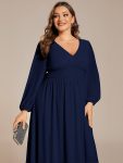 Chiffon V-Neck Long Sleeves Elastic Band Midi Wedding Guest Dress – Navy Blue