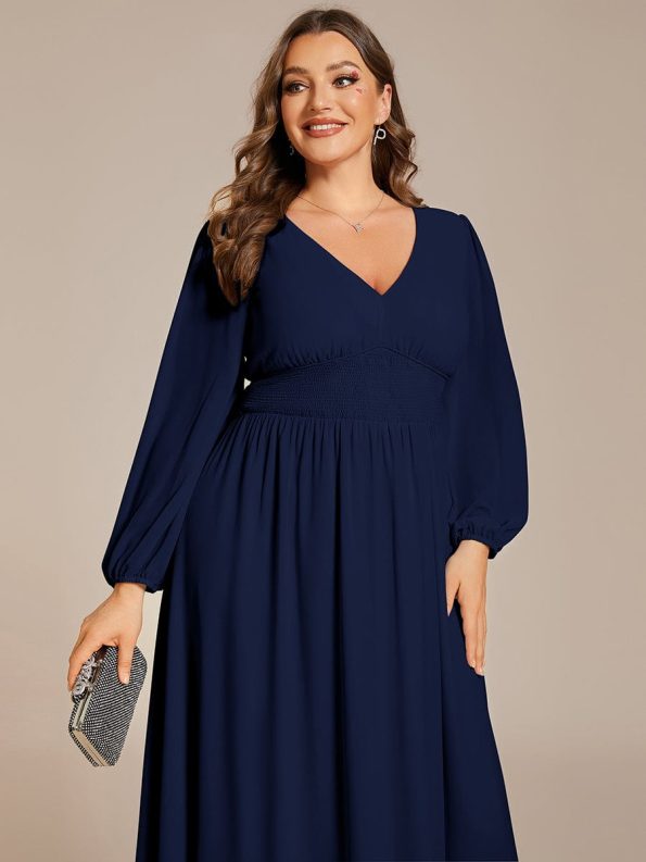 Chiffon V-Neck Long Sleeves Elastic Band Midi Wedding Guest Dress - Navy Blue