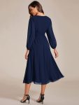 Chiffon V-Neck Long Sleeves Elastic Band Midi Wedding Guest Dress – Navy Blue