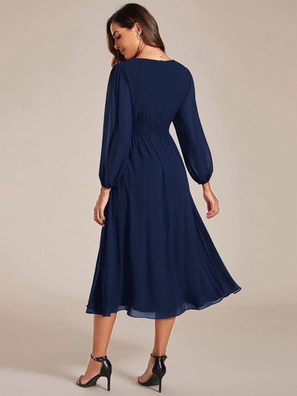 Chiffon V-Neck Long Sleeves Elastic Band Midi Wedding Guest Dress - Navy Blue