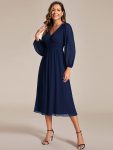 Chiffon V-Neck Long Sleeves Elastic Band Midi Wedding Guest Dress – Navy Blue