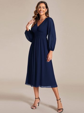 Chiffon V-Neck Long Sleeves Elastic Band Midi Wedding Guest Dress - Navy Blue