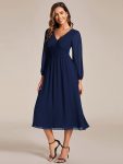 Chiffon V-Neck Long Sleeves Elastic Band Midi Wedding Guest Dress – Navy Blue