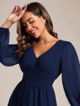 Chiffon V-Neck Long Sleeves Elastic Band Midi Wedding Guest Dress – Navy Blue