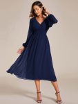 Chiffon V-Neck Long Sleeves Elastic Band Midi Wedding Guest Dress – Navy Blue