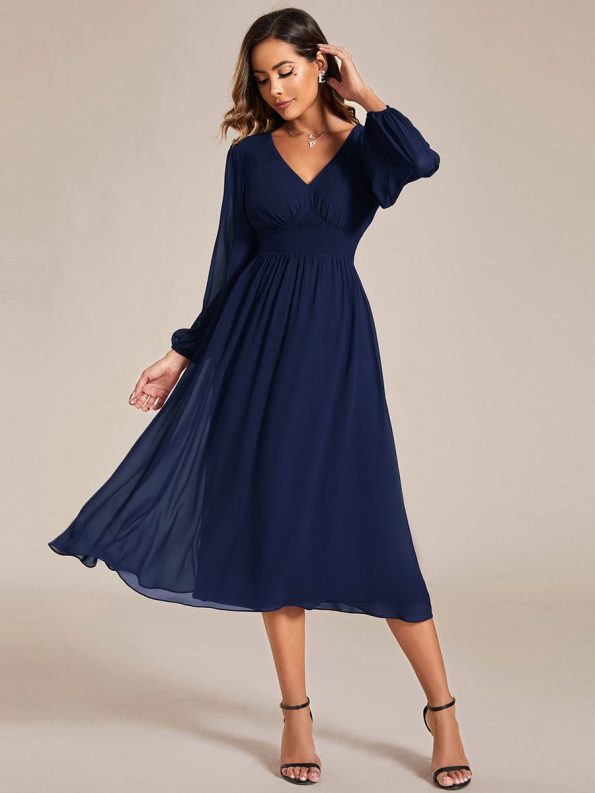 Chiffon V-Neck Long Sleeves Elastic Band Midi Wedding Guest Dress - Navy Blue