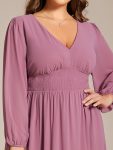 Chiffon V-Neck Long Sleeves Elastic Band Midi Wedding Guest Dress – Purple Orchid