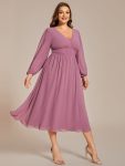 Chiffon V-Neck Long Sleeves Elastic Band Midi Wedding Guest Dress – Purple Orchid